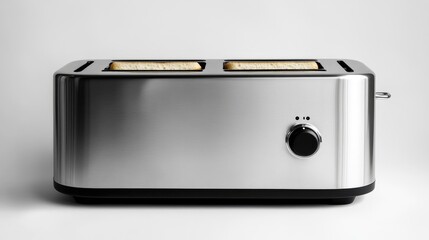 Sleek stainless steel toaster with two slices of lightly toasted bread, featuring an adjustable dial for browning control and an elegant, modern design.