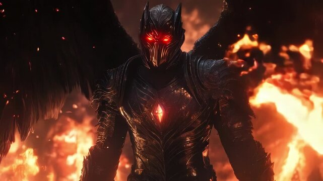 Demonic warrior with a dragon's head and black wings in hellfire. he is dressed in heavy armor with patterns, and in his hand he holds a beautiful sword. Fantasy Angel of death. 