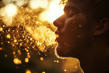 Silhouette of a young Caucasian male exhaling in golden sunset light, creating a mystical aura with glowing particles in the air.