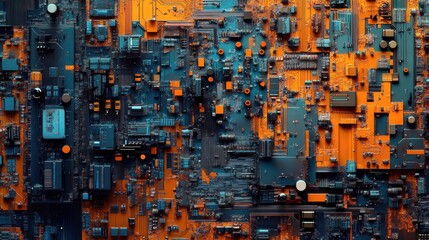 Detailed close-up of a complex circuit board showcasing vibrant orange and blue components with intricate patterns and textures.