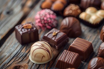 Assorted gourmet chocolate pralines with decorative toppings on rustic wooden surface