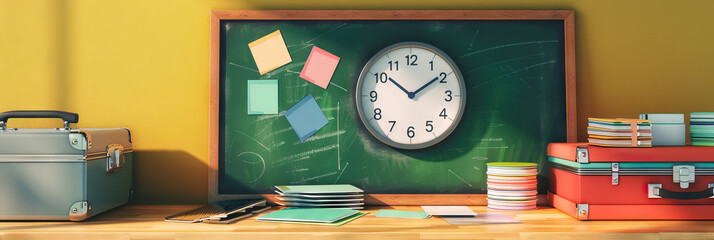 A colorful countdown timer on a chalkboard, next to an open suitcase and a stack of business cards.