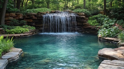Naklejka premium A serene waterfall cascades into a clear pool surrounded by lush greenery and vibrant plants, creating a peaceful natural oasis.
