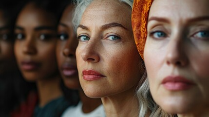 Diverse women of various ethnicities and ages, showcasing unity and individuality with focused expressions and unique hairstyles.