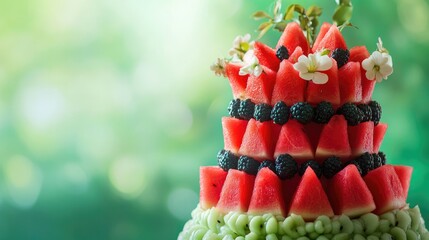 Vibrant watermelon tower artfully arranged with blackberries and adorned with flowers, showcasing a refreshing fruit display on a lush green backdrop