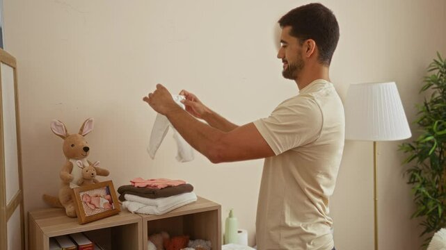 Young man with beard folding clothes in cozy living room, featuring stuffed animals and baby photo on shelves, illuminated by floor lamp.