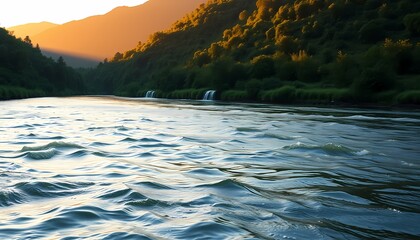 Serene sunset over river mountain valley nature photography tranquil environment close-up view natural beauty