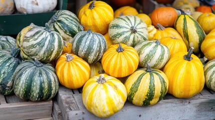 Decorative squash in vibrant autumn colors piled together, showcasing a festive mood perfect for Thanksgiving celebrations.