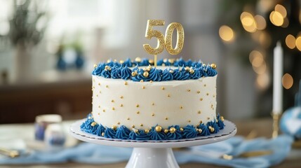 Elegant white birthday cake decorated with blue frosting, golden pearls, and a sparkling 50 topper, ideal for a milestone birthday celebration.