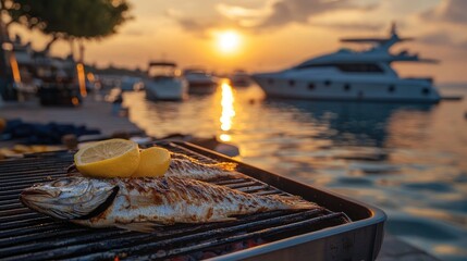Fototapeta premium Grilled fish with lemon on a barbecue grill at sunset, showcasing tranquil water, boats, and a stunning sky in the background.