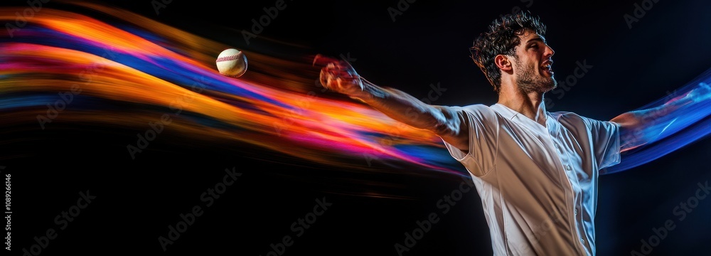 Poster a dynamic athlete in motion, throwing a ball with colorful light trails.