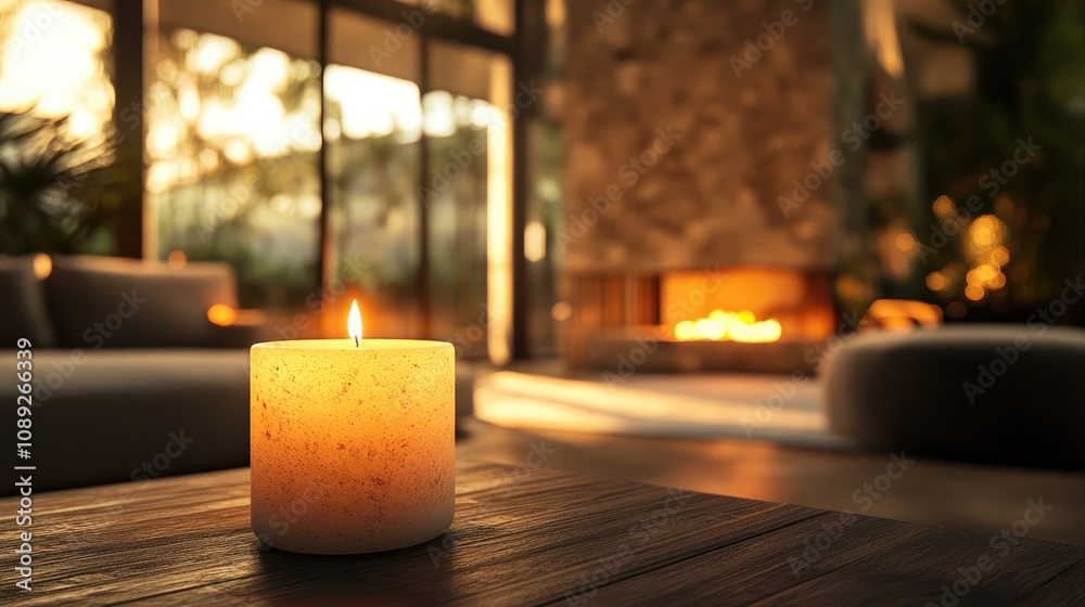 Poster cozy atmosphere with a softly glowing candle on a wooden table surrounded by warm evening light and 