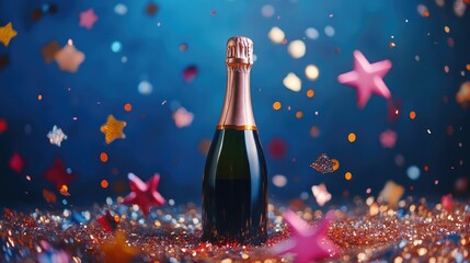 Champagne bottle displayed elegantly with sparkling stars and colorful confetti on a deep blue background, embodying a festive and minimalistic party vibe. - Powered by Adobe