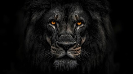 Majestic lion with piercing orange eyes on a dramatic black canvas, embodying strength and divinity as the powerful king of the savanna.