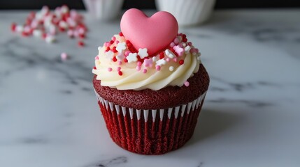 Red Velvet Cupcake with Creamy Frosting Topped with Pink Heart and Colorful Sprinkles, Perfect for Valentine's Day Celebration