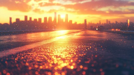 Asphalt road reflecting vibrant sunset hues with a stunning city skyline silhouette in the background, creating a serene urban landscape.