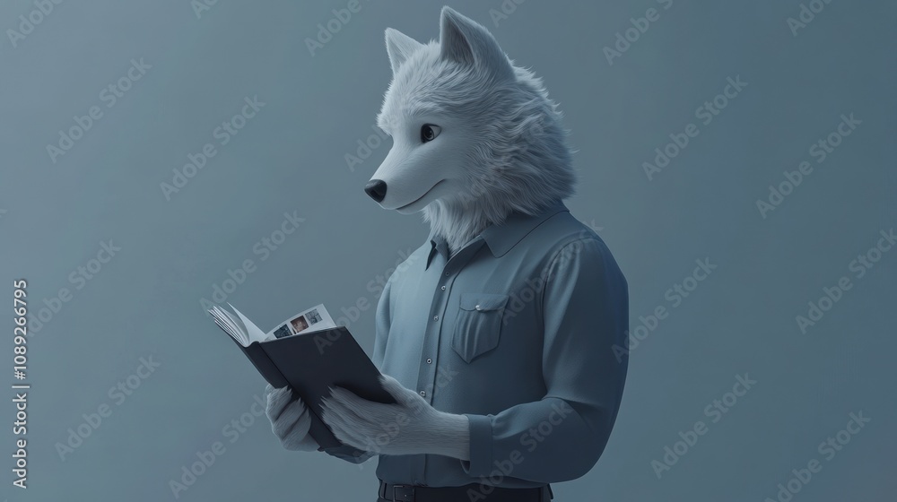 Poster a stylized wolf character reading a book in a minimalist setting.