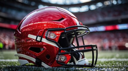 Fototapeta premium Shiny red football helmet positioned on the turf with a blurred stadium interior in the background, showcasing vibrant details and reflection.