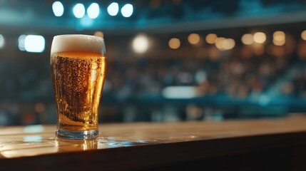 Chilled glass of beer on bar at sports venue with blurred crowd in background, perfect for celebrating and enjoying matches with friends.