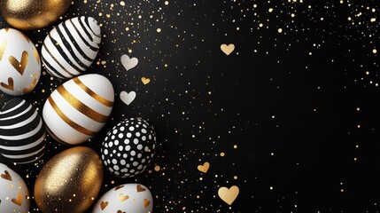 Decorative Easter eggs in gold, black, and white with striped and dotted designs on a black background, featuring space for customizable text.