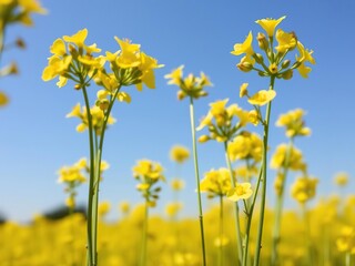 Obraz premium Close-up of yellow rapeseed flowers in a field on a sunny day, sunlight, renewable energy