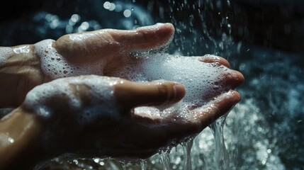Hands lathered with soap cupped under a stream of running water, emphasizing cleanliness and hygiene practices in a serene setting.