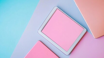 Bright pink tablets arranged on a vibrant gradient background featuring soft pastel blue and pink hues creating a visually appealing layout.