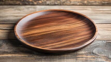 Elegant round wooden plate showcasing rich grain patterns, resting on a weathered rustic wooden table surface with a warm earthy tone.