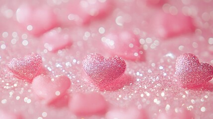 Close-up view of sparkling pink glitter hearts scattered on a soft shimmering background, creating a romantic and dreamy atmosphere.