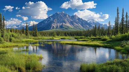 Fototapeta premium Panoramic vista of majestic mountain peaks surrounded by lush greenery and a tranquil river under a bright blue sky with fluffy clouds.