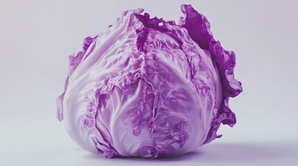 Fototapeta premium Purple cabbage with intricate leaf textures, presented on a clean white background, emphasizing its vibrant color and natural form.