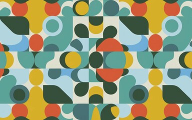 Retro geometric pattern design. Vibrant mid-century modern art evokes joy and optimism.  Abstract shapes create a playful, energetic mood.