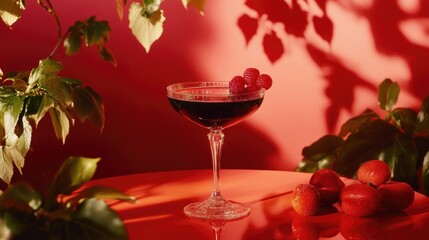 Elegant cocktail in coupe glass garnished with raspberries, surrounded by vibrant foliage and a contrasting red background, creating a stylish drink setting.