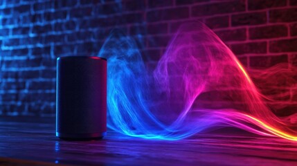Modern smart speaker emitting vibrant sound waves in a stylishly dimly lit space, showcasing the blend of advanced technology and musical artistry.