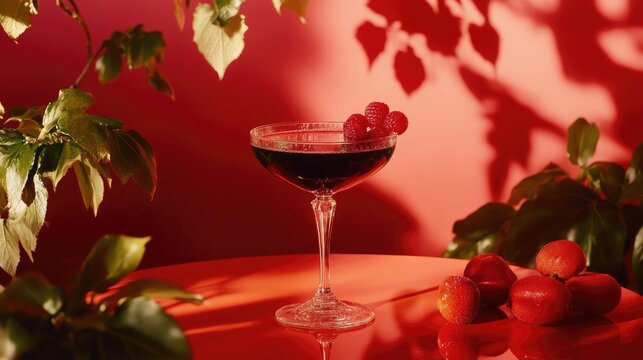 Elegant cocktail in coupe glass garnished with raspberries, surrounded by vibrant foliage and a contrasting red background, creating a stylish drink setting.