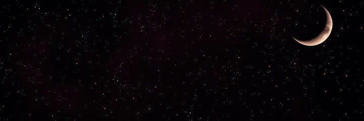 Dark crimson celestial backdrop with twinkling stars and a crescent moon, nebulae, darkness
