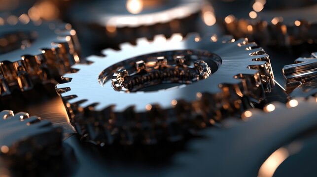 Intricate arrangement of shining metal gears symbolizing the principles of engineering mechanics and detailed precision in technical design