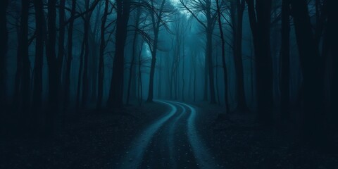 Naklejka premium Dark forest surround a mysterious crossroads, abandoned road, mysterious energy