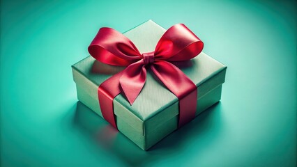 Obraz premium A Single Mint Green Gift Box with a Lush Red Ribbon Bow, Ready to be Opened