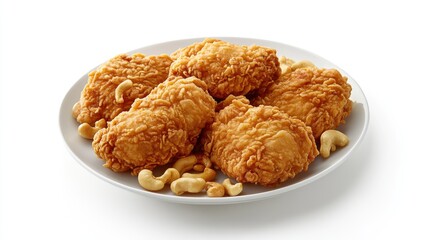 Crispy fried chicken pieces garnished with cashew nuts, beautifully arranged on a clean white plate with a minimalist backdrop.