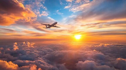 The sun sets over dark blue and orange clouds, filling the sky; a distant plane flies on