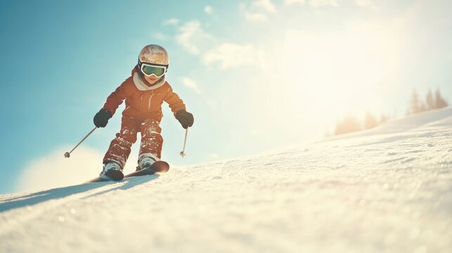 Young skier in vibrant orange outfit gracefully navigates a snow-covered slope under a bright blue sky, showcasing vintage ski gear and sunny winter vibes.