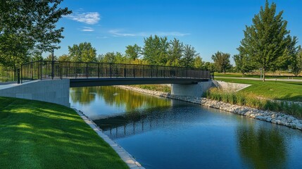 Footbridge spans tranquil water canal, featuring modern design and lush landscaping, creating a peaceful scenic landmark for visitors.
