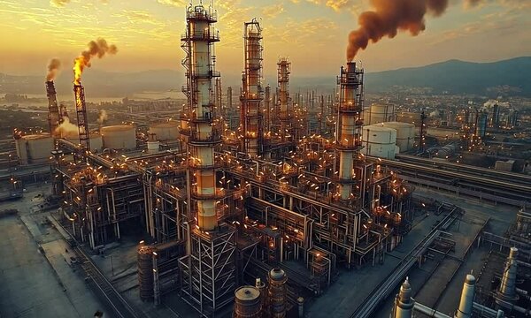 Aerial view of an industrial complex at sunset with flares.