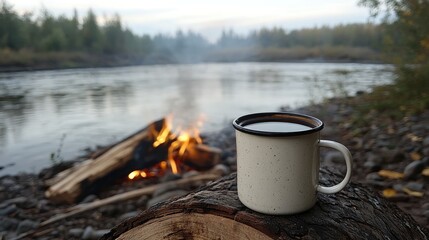 White enamel mug filled with black coffee rests on a log near a crackling campfire, with serene river and gentle wood smoke in a tranquil nature setting.