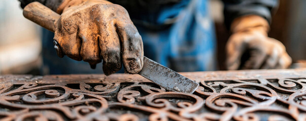 Skill and chisel concept. metalworker using chisel to craft decorative ironwork with skill