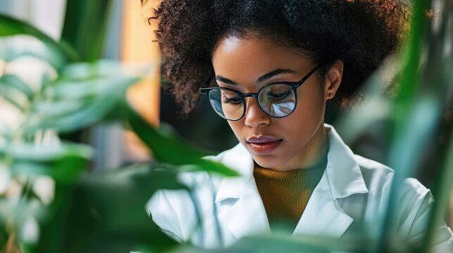 Scientist in lab coat examining plant specimen surrounded by lush foliage, demonstrating focus and dedication in a botanical research setting.