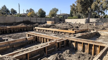 Construction site with wooden foundations and soil surrounded by cement blocks, showcasing the groundwork for a new building under clear blue skies.