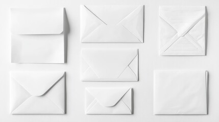 Assorted Sealed Empty White Envelopes with Blank Inserts on a Clean White Background Displaying Various Shapes and Sizes