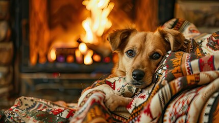 A dog cuddled up in front of the fireplace with a Christmas blanket.